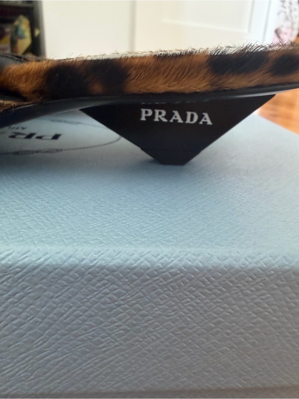 Prada Leopard Ponyhair Square Toe Mule w/ Triangle Heel NIB - Picture 3 of 6